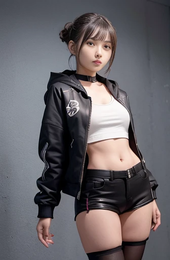 a lot of details, (slender waist), 30 years old, detailed black hair, beautiful detailed hair, super fucking beautiful, complex details beautiful and delicate eyes, perfect hands, (small breasts best quality), perfect and delicate limbs, detailed skin, best quality, ultra-detailed,
game cg,hyper detailed,fate/grand order,fate series,artoria pendragon fate,mysterious heroine x alter fate,mysterious heroine x alter second ascension fate,1girl,ahoge,bangs,bike shorts,black jacket,black shorts,black thighhighs,blonde hair,blush,braid,breasts,choker,french braid,glasses,hair between eyes,hair bun,hood,hooded jacket,jacket,long hair,long sleeves,looking at viewer,medium breasts,shirt,shorts,sidelocks,single hair bun,white shirt,yellow eyes,character focus,expressionless, full body,