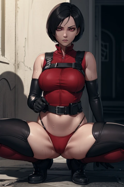 resident evil 4 remake Ada Wong in game cutscene, defiled, sultry, defined body, sweaty, cornered, defeated, scared expression, squatting with spread legs, (lower part in shadow), (lower body in shadow:1.1)