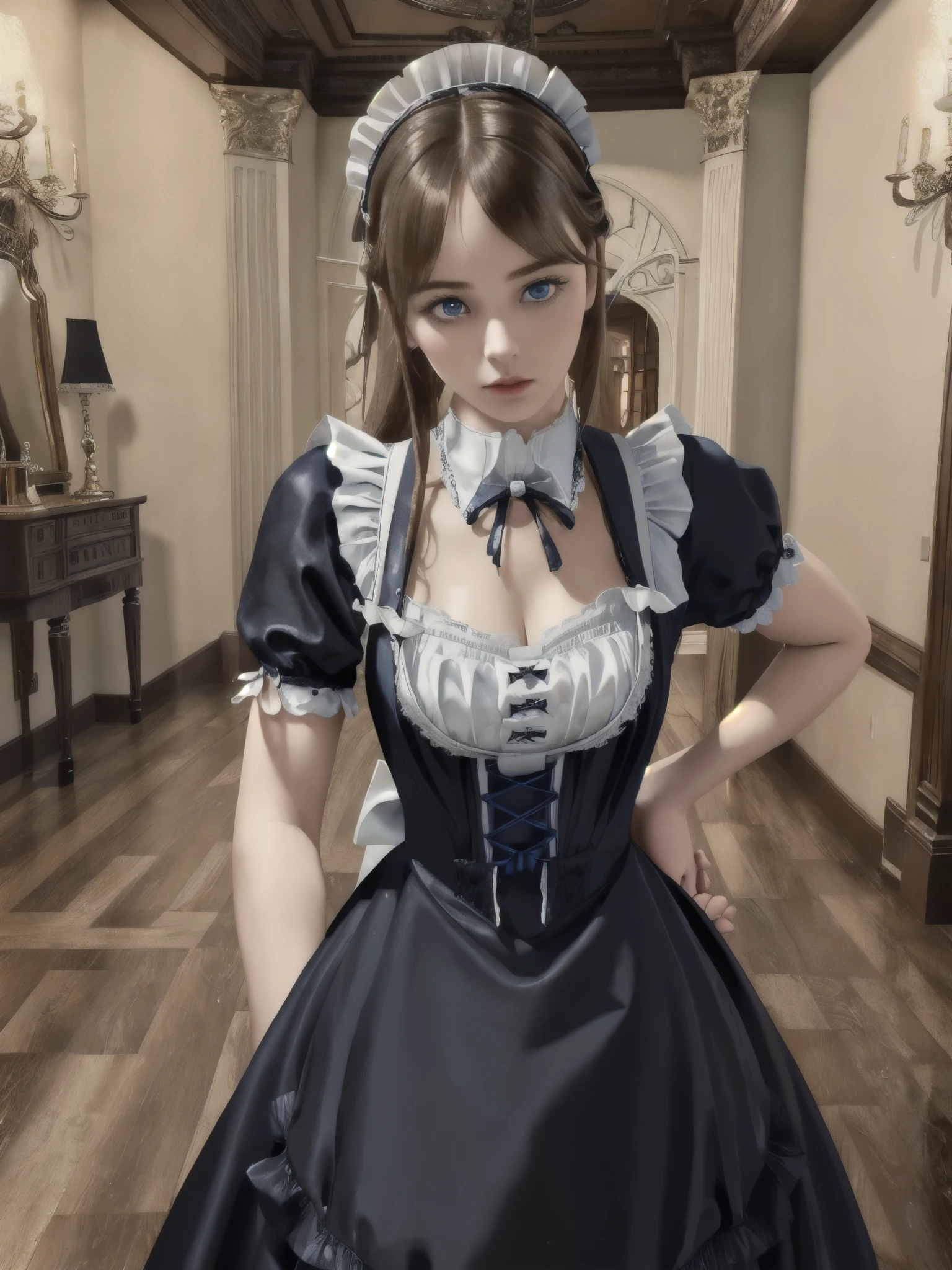 (RAW photo, best quality, photo realistic:1.2),
(intricate details, perfect anatomy),
(1girl,solo:1.2)
(indoors, victorian mansion), (detailed background:1.2),
(27 years old beautiful gorgeous cute English woman:1.1),
muscular female,(swept bangs:1.5), (swept bangs to the left:1.5),
(pale skin, shiny skin, porcelain skin, white skin, tall female),
(make up:0.2),
(parted lips, brown hair, blue eyes, perfect eyes),
looking at viewer,
( victorian maid, black maid dress, maid apron, maid headdress:1.2),
(full body),
(😊),