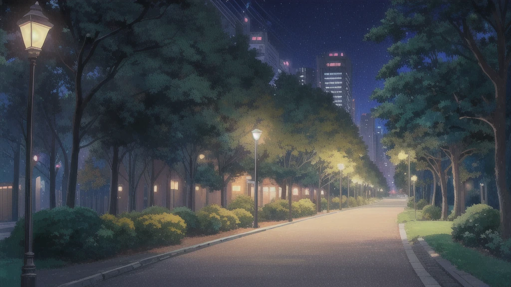 (masterpiece), best quality, CG 4k, simple background, dark tone, only street lamp, (night time), sidewalk with forest on side, a painting of a pathway in a park with a lamp post, anime background art, anime background, anime scenery, beautiful anime scenery, anime movie background, beautiful anime scene, anime scene, hd anime cityscape, anime scenery concept art, park background, anime style cityscape, Tokyo city, forest city streets behind her