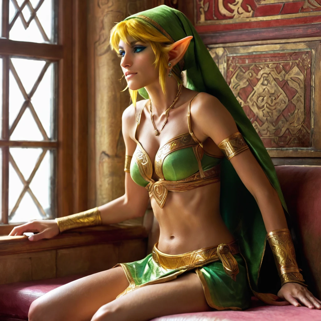 score_9,  score_8_up, score_7_up, score_6_up, source_anime, 1girl, princess zelda, blonde hair, moaning, slavekini, pelvic curtain, clothing aside, collar, chain leash, arm behind head, pussy, topless, collar, legs apart, parted lips, hyrule castle