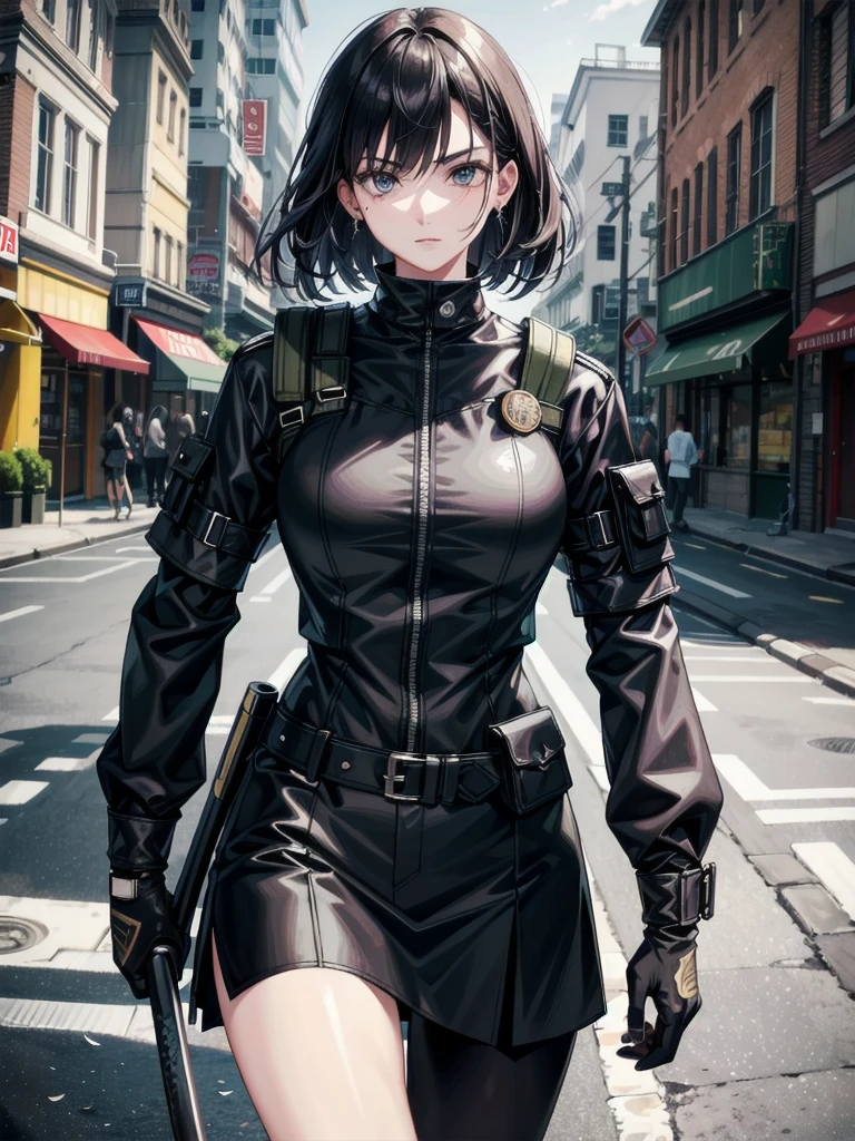 whole body, katana, Black military uniform, urban backdrop, Ladies' military vests, absurdres, RAW photo, extremely delicate and beautiful, masterpiece, Best Quality, ultra high resolution, 32k, hyperrealistic, ultra-detailed, detailed beautiful face and eyes, tearful mole, earring, short medium hair, wavy hair,