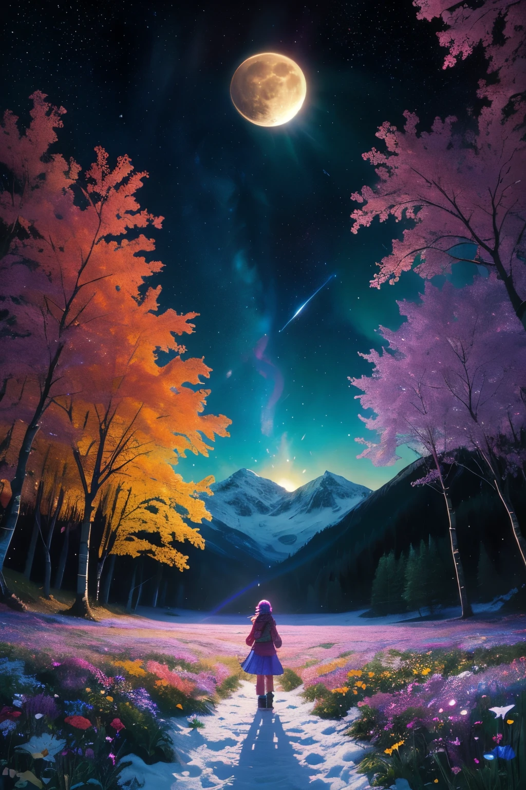 top-quality、masutepiece、1womanl、solo、(abstract art:1.4),(Psychedelia Theme:1.6),(Gunjo World:1.5),(Snow World:1.5),(Winter World:1.5),(At the center of the world is the most beautiful woman in the world),(many stars are falling:1.3),A expansive landscape photograph , (a view from below that shows sky above and open field below), a girl standing on flower field looking up, (full moon:1.2), ( shooting stars:0.9), (nebula:1.3), distant mountain, tree BREAK production art, (warm light source:1.2), (Firefly:1.2), lamp, lot of purple and orange, intricate details, volumetric lighting BREAK (masterpiece:1.2), (best quality), 4k, ultra-detailed, (dynamic composition:1.4), highly detailed, colorful details,( iridescent colors:1.2), (glowing lighting, atmospheric lighting), dreamy, magical, (solo:1.2)(Nostalgic landscapes:1.5),(colorful flower:1.3),Garden Girl,gentle sunlight,Soft breeze,Delicate flowers,A rainbow-colored butterfly flaps its wings,Mesmerizing natural beauty,Fragments of Shining Stars,ice crystal,Mountain path, fir trees, birch trees, children playing, flowers, butterflies, flying birds, landscape, birds chirping, sunlight filtering through the trees, soft breeze, lush green foliage, sparkling water reflections, vibrant wildflowers, joyful laughter, carefree children's expressions, dynamic brushstrokes, mountain, harmonious composition.