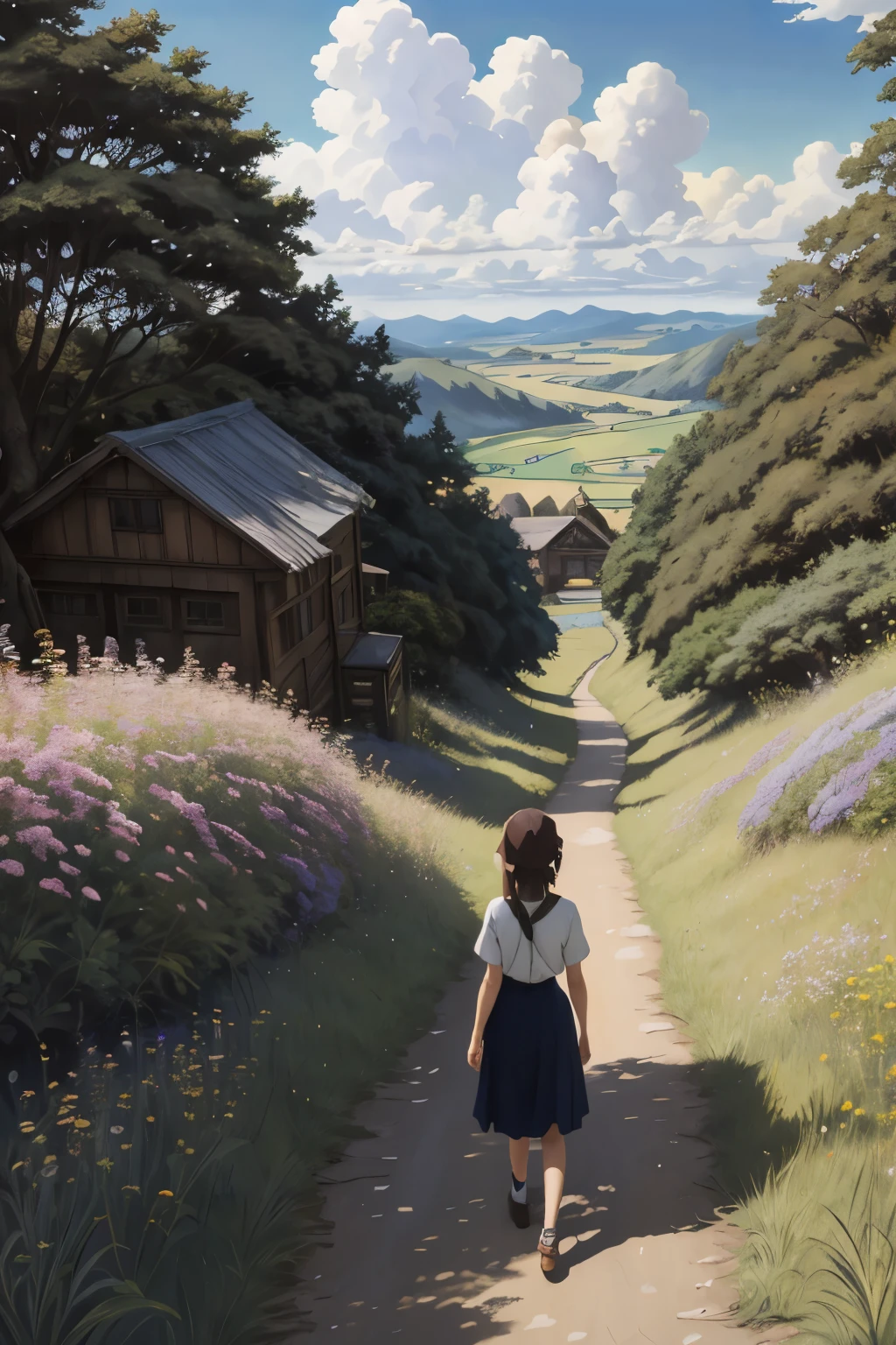 Realistic, real, beautiful and stunning landscape oil painting Studio Ghibli Hayao Miyazaki Petals Grassland Blue Sky Grassland Country Road,building, beautiful girl
