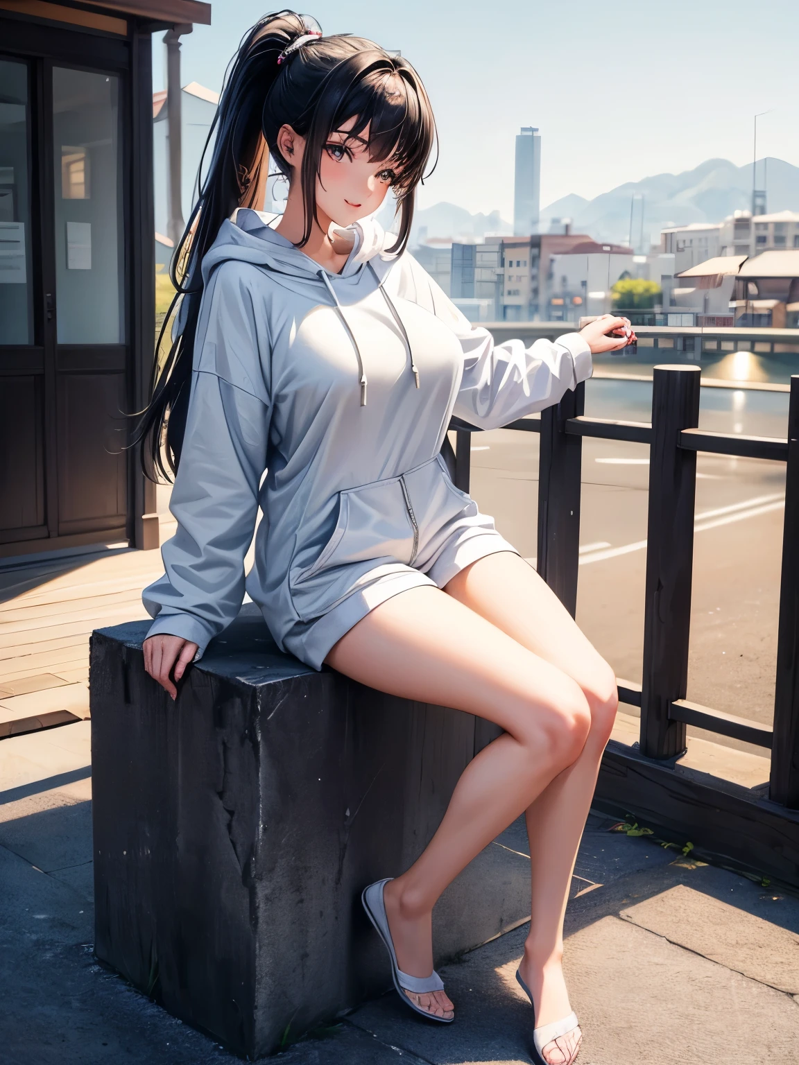 ((best quality)), ((masterpiece)), (detailed), perfect face,(18 years old),(beautiful girl), ponytail,(blackes Braun hair), cute smile (looking at vivers) on a streat road,( full body view),(detailed lips), perfect head ,(detailed face), wers a white hoodi black Stiles short pant that reaches nee, heads in hoodi pocket,(huge breasts),(perfect girl), Korean girl