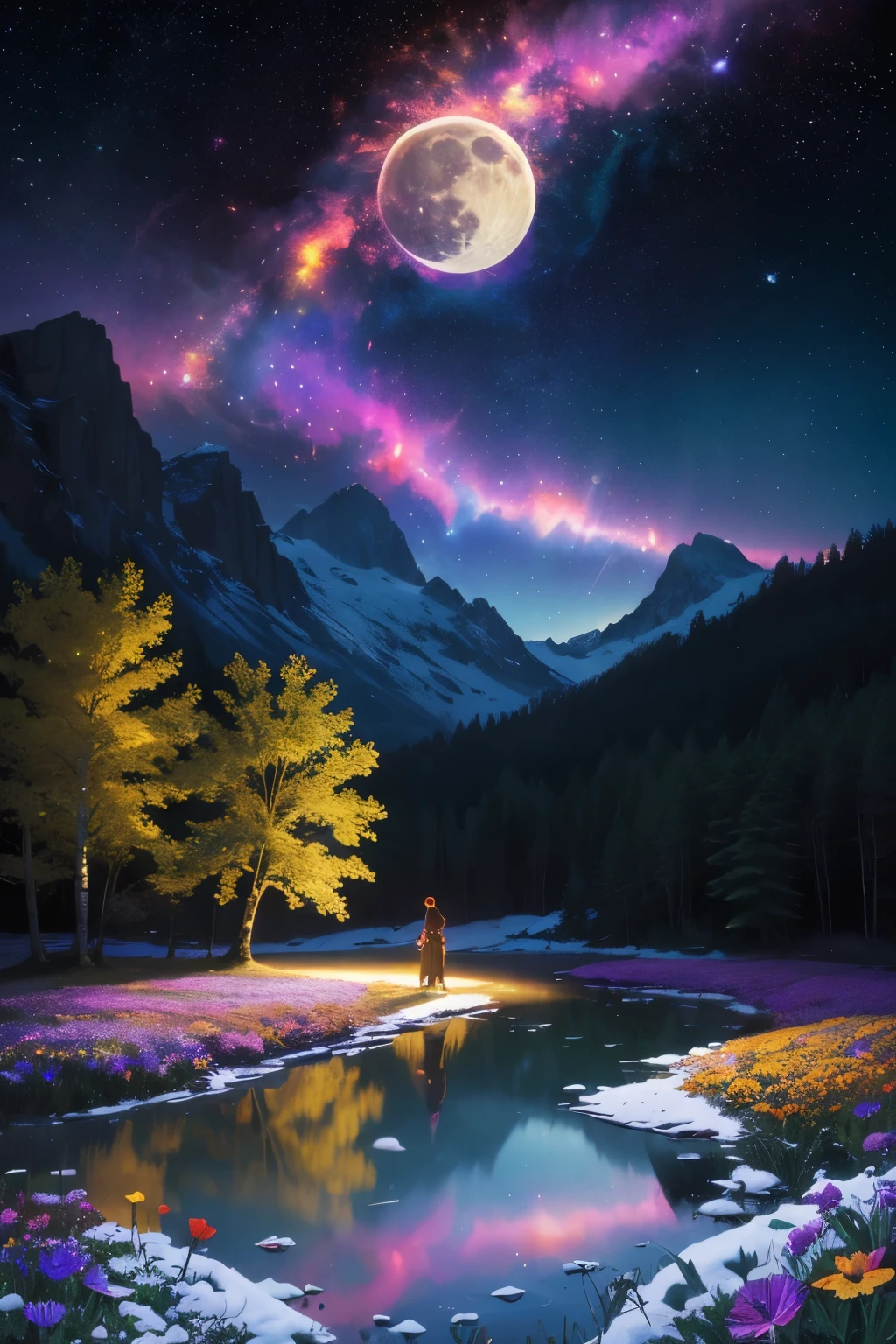 top-quality、masutepiece、1womanl、solo、(abstract art:1.4),(Psychedelia Theme:1.6),(Gunjo World:1.5),(Snow World:1.5),(Winter World:1.5),(At the center of the world is the most beautiful woman in the world),(many stars are falling:1.3),A expansive landscape photograph , (a view from below that shows sky above and open field below), a girl standing on flower field looking up, (full moon:1.2), ( shooting stars:0.9), (nebula:1.3), distant mountain, tree BREAK production art, (warm light source:1.2), (Firefly:1.2), lamp, lot of purple and orange, intricate details, volumetric lighting BREAK (masterpiece:1.2), (best quality), 4k, ultra-detailed, (dynamic composition:1.4), highly detailed, colorful details,( iridescent colors:1.2), (glowing lighting, atmospheric lighting), dreamy, magical, (solo:1.2)(Nostalgic landscapes:1.5),(colorful flower:1.3),Garden Girl,gentle sunlight,Soft breeze,Delicate flowers,A rainbow-colored butterfly flaps its wings,Mesmerizing natural beauty,Fragments of Shining Stars,ice crystal,Mountain path, fir trees, birch trees, children playing, flowers, butterflies, flying birds, landscape, birds chirping, sunlight filtering through the trees, soft breeze, lush green foliage, sparkling water reflections, vibrant wildflowers, joyful laughter, carefree children's expressions, dynamic brushstrokes, mountain, harmonious composition.