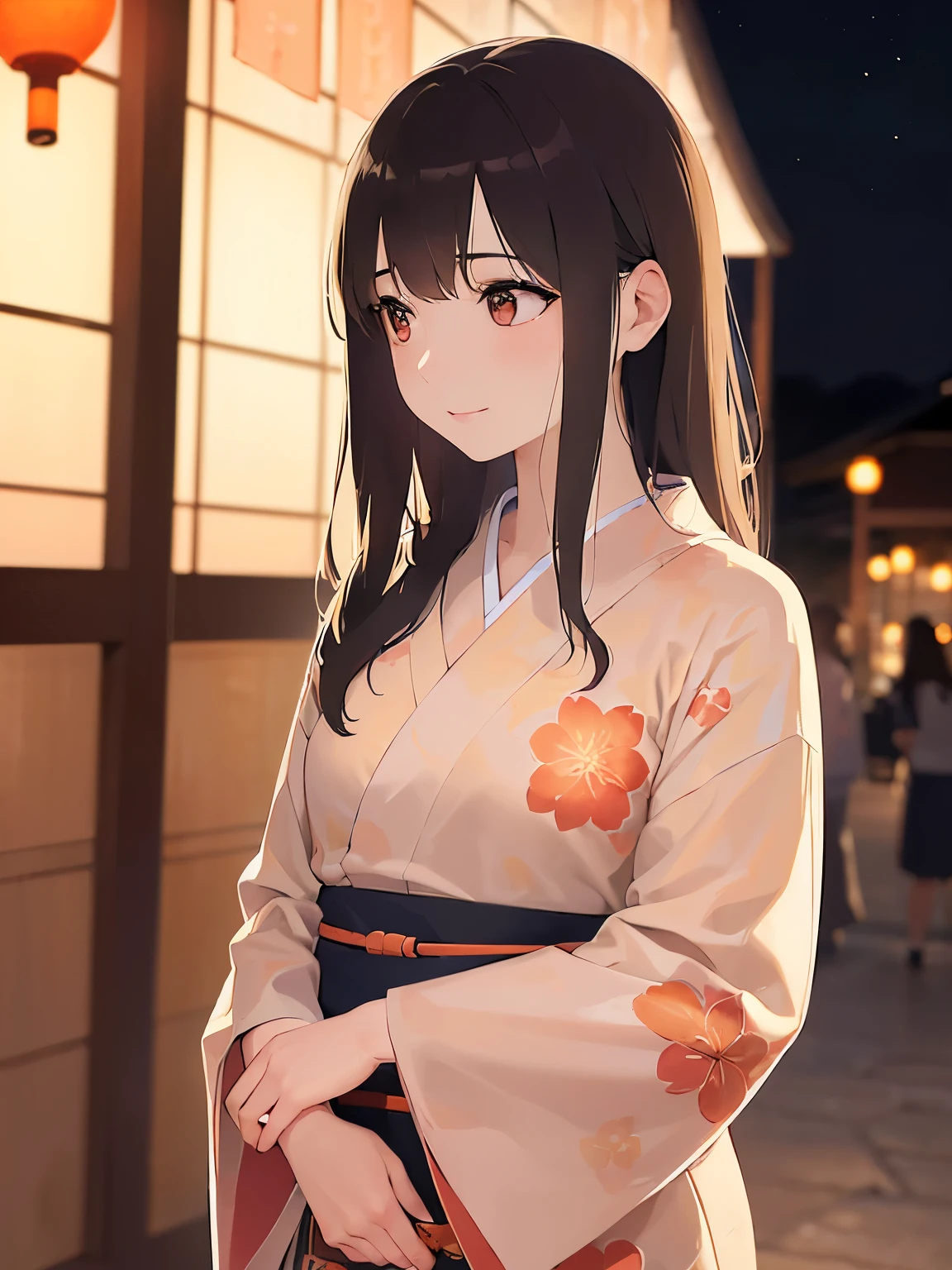 (looking away:1.5), Biologically correct five fingers、A close-up of your face、Realistic, real person, (pale skin: 1.2), RAW photo, photorealistic, shiny skin, shiny hair、(25 year old woman with bangs) and (wavy hair) and (brown hair) and (orange eyes) , (yukata) and (pink) and (Floral patterns)、embarrassed, smile, The background is a Japanese summer festival at night、Alone、Are standing