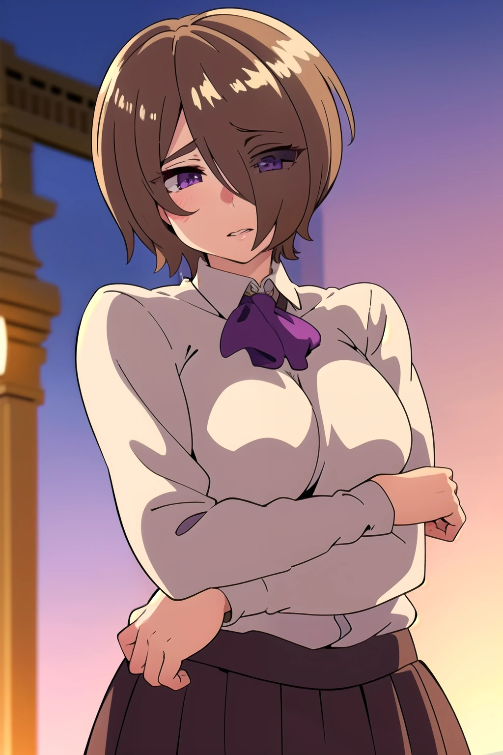 masterpiece,best quality,1girl,breasts,short hair,brown hair,light brown hair,purple eyes,hair over one eye,1girl,purple eyes,hair over one eye,bangs disheveled strand hair, headdress, bangs, skirt