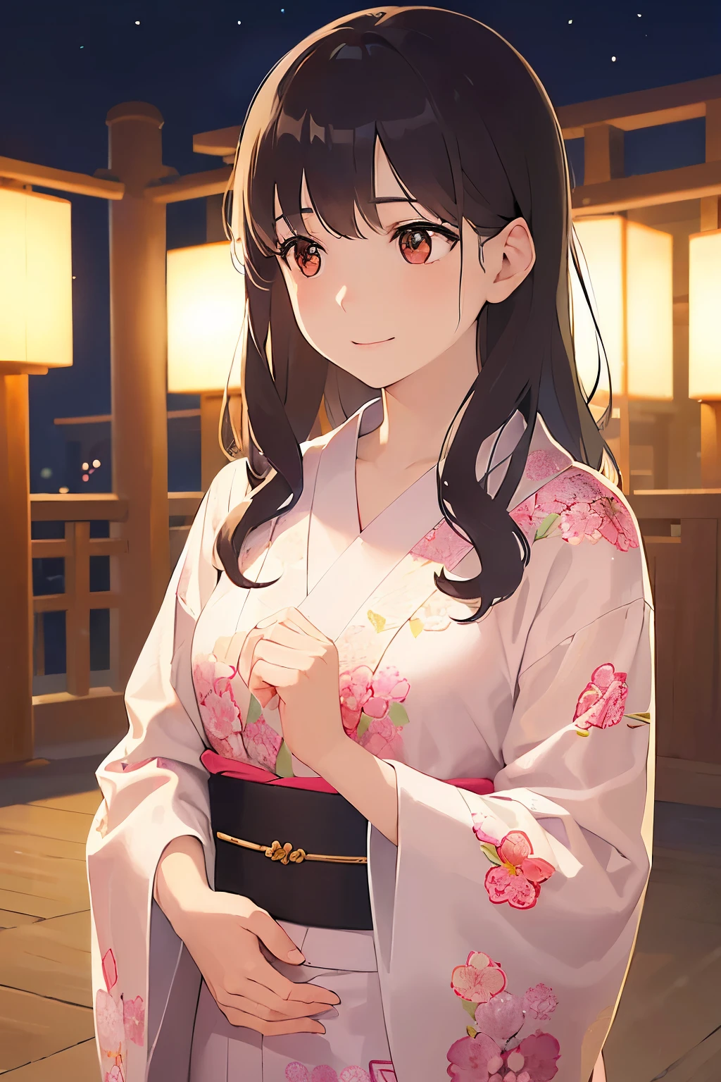 (looking away:1.5), Biologically correct five fingers、A close-up of your face、Realistic, real person, (pale skin: 1.2), RAW photo, photorealistic, shiny skin, shiny hair、(25 year old woman with bangs) and (wavy hair) and (brown hair) and (orange eyes) , (yukata) and (pink) and (Floral patterns)、embarrassed, smile, The background is a Japanese summer festival at night、Alone、Are standing