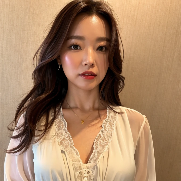 ((Top Quality)), ((8K)), ((Masterpiece: 1.3)), (Perfect Appearance), (Photorealism: 1.6), 1japanese woman, (32 years old), (Standard body type), (Blouse with large neckline: 1.2), (Portrait centered on upper body), (woman facing the front),