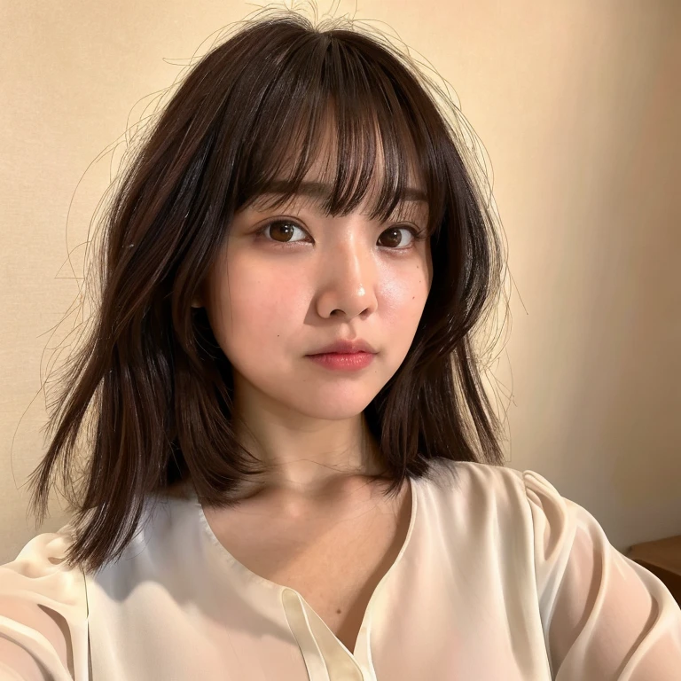 ((Top Quality)), ((8K)), ((Masterpiece: 1.3)), (Perfect Appearance), (Photorealism: 1.6), 1japanese woman, (32 years old), ((short bangs, messy long hair, round face, dumpling nose, both eyes are far apart, plump cheeks, rounded chin)), (Standard body type), (Blouse with large neckline: 1.2), (Portrait centered on upper body), (woman facing the front: 1.6),