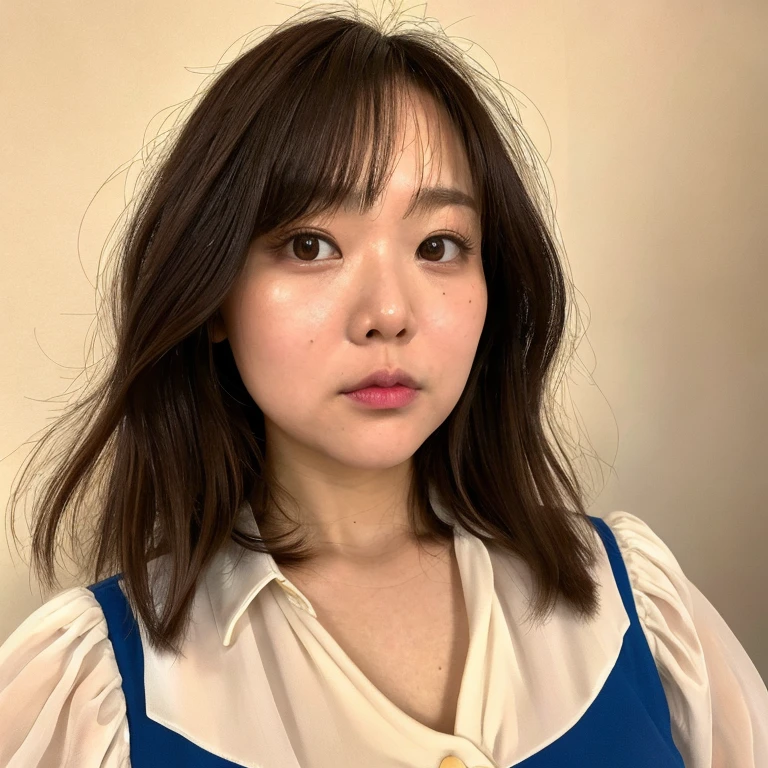 ((Top Quality)), ((8K)), ((Masterpiece: 1.3)), (Perfect Appearance), (Photorealism: 1.6), 1japanese woman, (32 years old), ((wide forehead, short bangs, messy long hair, round face, dumpling nose, both eyes are far apart, plump cheeks, rounded chin)), (Standard body type), (Blouse with large neckline: 1.2), (Portrait centered on upper body), (woman facing the front: 1.6),