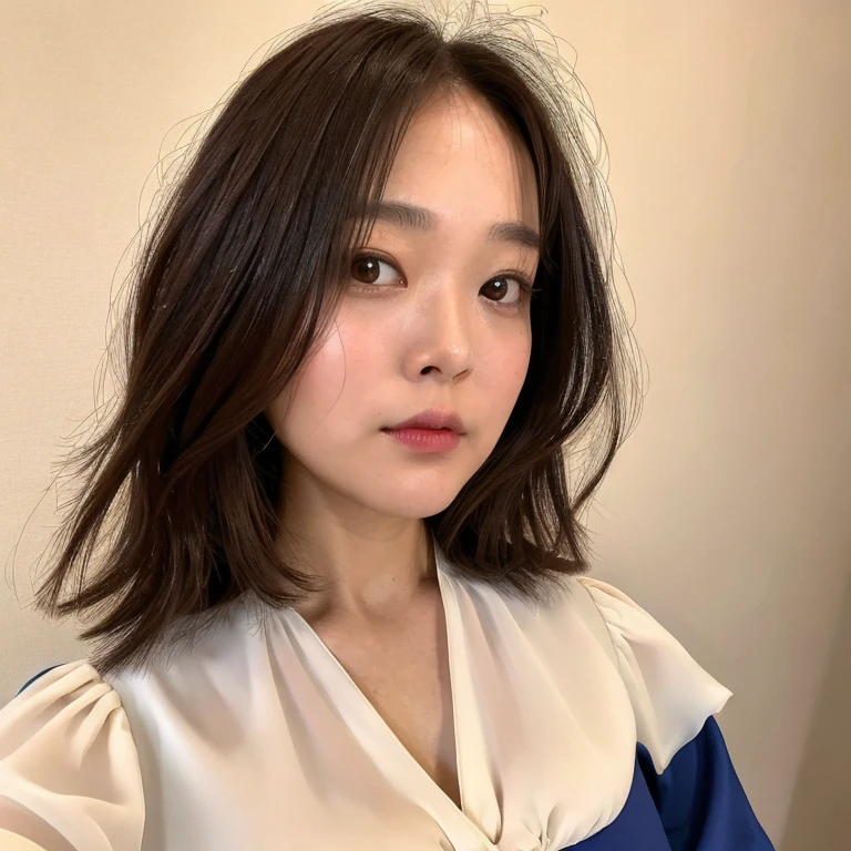 ((Top Quality)), ((8K)), ((Masterpiece: 1.3)), (Perfect Appearance), (Photorealism: 1.6), 1japanese woman, (32 years old), ((wide forehead: 1.2, short bangs, messy long hair, round face, dumpling nose, both eyes are far apart: 1.2, plump cheeks, rounded chin: 1.4)), (Standard body type), (Blouse with large neckline: 1.2), (Portrait centered on upper body), (woman facing the front: 1.6),