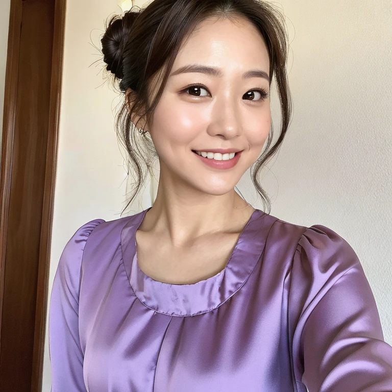 ((Top Quality)), ((8K)), ((Masterpiece: 1.3)), (Perfect Appearance), (Photorealism: 1.6), 1japanese woman, (32 years old), (woman facing the front), (face is facing this way: 1.2), Bun nose, (Round face with bulging cheekbones: 1.4), left and right eyes are separated, smiling with the corners of his mouth raised, (Standard body type), (Blouse with large neckline: 1.2), (Portrait centered on upper body)