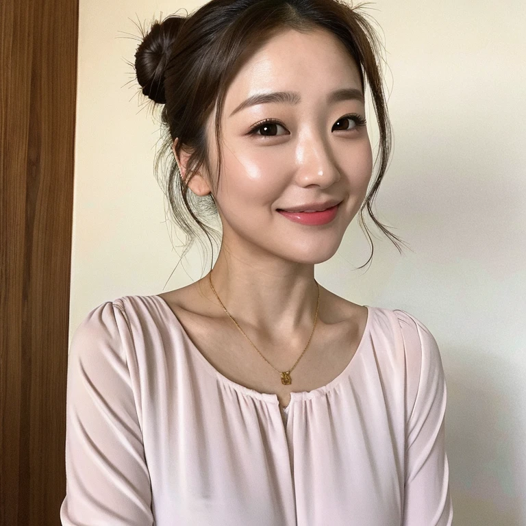 ((Top Quality)), ((8K)), ((Masterpiece: 1.3)), (Perfect Appearance), (Photorealism: 1.6), 1japanese woman, (32 years old), (woman facing the front), (face is facing this way: 1.2), (Bun nose: 1.4), (Round face with bulging cheekbones: 1.4), left and right eyes are separated, smiling with the corners of his mouth raised, (Standard body type), (Blouse with large neckline: 1.2), (Portrait centered on upper body)