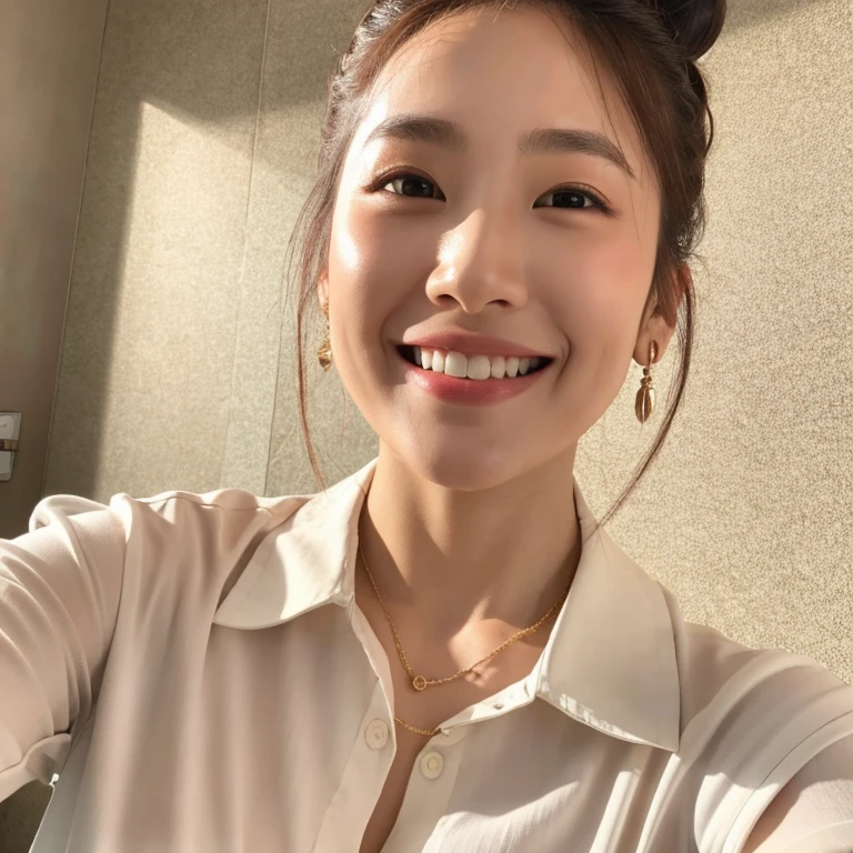 ((Top Quality)), ((8K)), ((Masterpiece: 1.3)), (Perfect Appearance), (Photorealism: 1.6), 1japanese woman, (32 years old), (woman facing the front), (face is facing this way: 1.2), (Bun nose: 1.4), (Round face with bulging cheekbones: 1.4), (left and right eyes are separated: 1.4), smiling with the corners of his mouth raised, Lips are open and teeth are visible, (Standard body type), (Blouse with large neckline: 1.2), (Portrait centered on upper body)