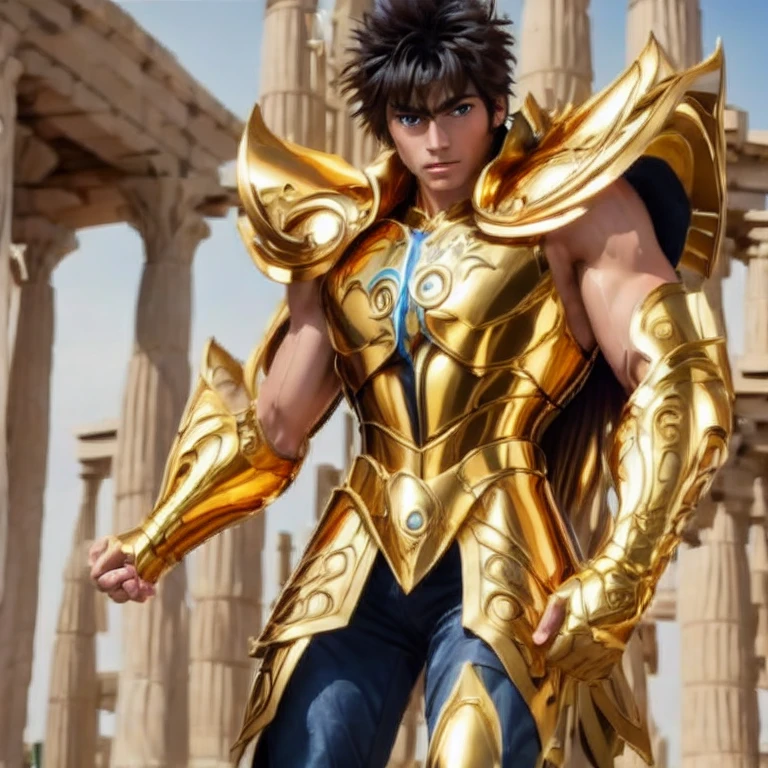 (masterpiece, best quality:1.2, UHD, 4k, masterpiece, photo realistic, insane details, ultra realistic, nobel photography), a saint seiya saint, with ultra beautiful and decoured full armour, made of gold or other metals, very decourated, friezes