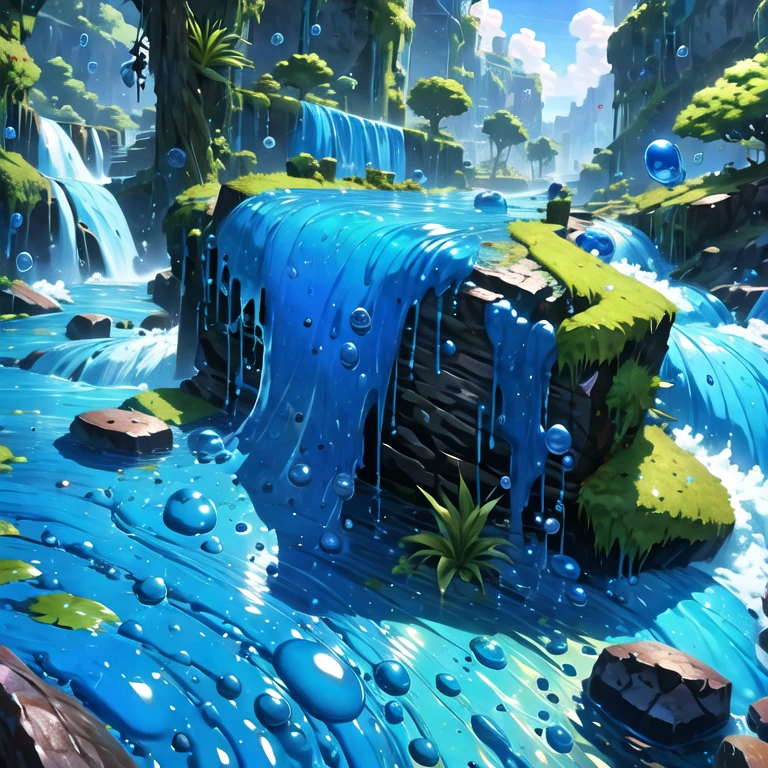 (masterpiece, best quality:1.2), blue slime, blue slime bubbles, blue slime river