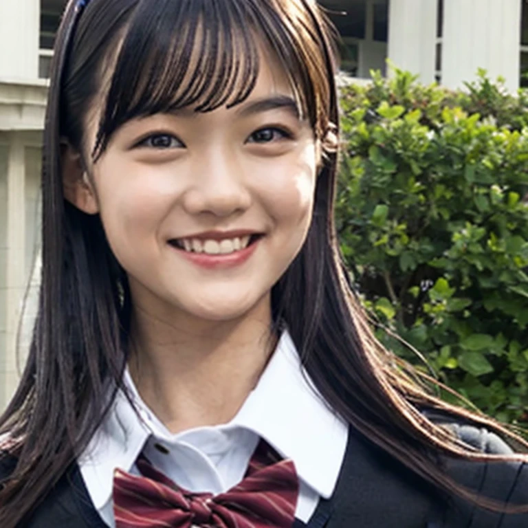 (masterpiece, best quality:1.2), 1girl, solo, (school uniform:1.5), (Photorealistic:1.4), (Best quality:1.0), 8K, RAW photo, (Masterpiece:0.2), Ultra-detailed, Close short, Beautiful skin, Detailed skin, view the viewer, (Long hair:1), Smile, (Closed mouth:1)