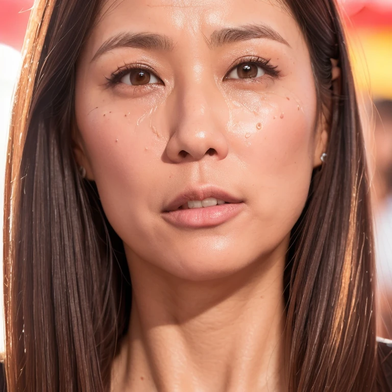 ((Best Quality)), ((8K)), ((Masterpiece: 1.3)), (Perfect Appearance), (Photorealism: 1.6), (Woman Walking), (Crowded Festival Venue), Japanese, female, 36 years old, ((realistic skin texture)), (overall skin fine lines: 1.3), (skin dullness: 1.1), (moisturized skin: 1.2) , (Wrinkles on face: 0.9), (Wrinkles on the corners of the eyes: 1.2), Double eyelids, tear sacs on lower eyelids, (Crying moles: 0.9), Eyes facing towards you, serious gaze, (Dimples: 1.2), (long face: 1.6), (rounded cheekbones: 1.6), (bulbous nose: 1.6), (long philtrum: 1.6), (overbite: 1.2), (front teeth like beaver: 1.2), (Two front teeth are protruding: 1.6), (Two upper front teeth overlap the lower lip: 1.6), (The two upper front teeth are long: 1.2), (A lot of flesh around the lips: 1.0), (left and right eyes are far apart: 1.8), round and big eyes, plump cheeks, (round chin: 1.8), wide forehead, unkempt hair, blouse made of soft fabric, wide forehead Sleeves, cuffs that fit the wrist, flared skirt, high heels, small breasts, (Portrait from the waist up: 1.4)