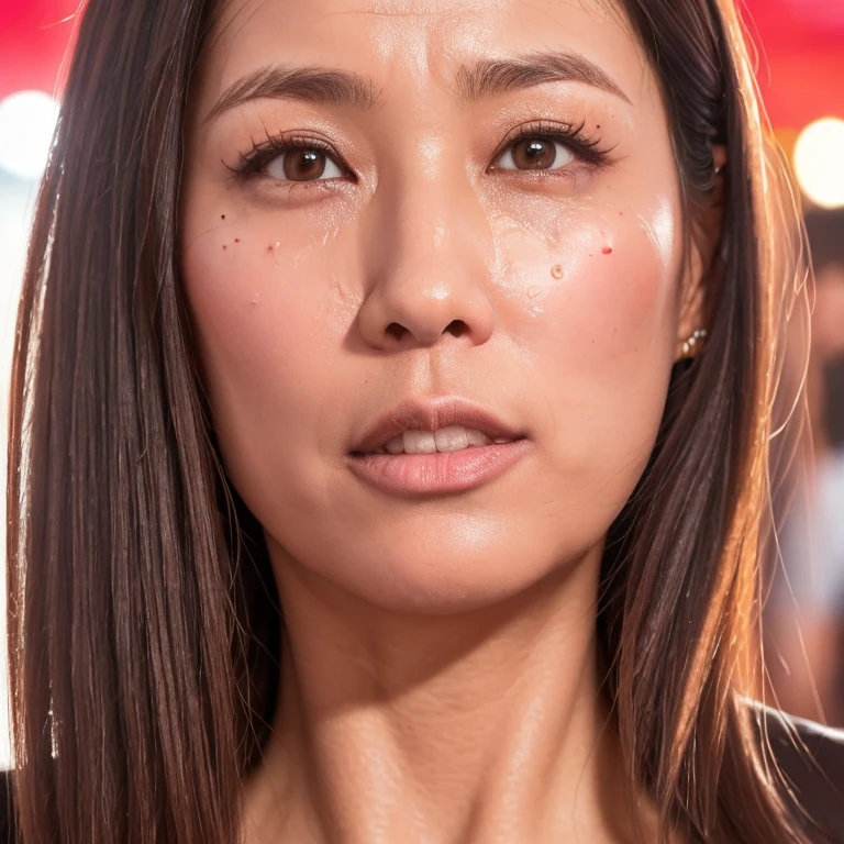 ((Best Quality)), ((8K)), ((Masterpiece: 1.3)), (Perfect Appearance), (Photorealism: 1.6), (Woman Walking), (Crowded Festival Venue), Japanese, female, 36 years old, ((realistic skin texture)), (overall skin fine lines: 1.3), (skin dullness: 1.1), (moisturized skin: 1.2) , (Wrinkles on face: 0.9), (Wrinkles on the corners of the eyes: 1.2), Double eyelids, tear sacs on lower eyelids, (Crying moles: 0.9), Eyes facing towards you, serious gaze, (Dimples: 1.2), (long face: 1.6), (rounded cheekbones: 1.6), (bulbous nose: 1.6), (long philtrum: 1.6), (overbite: 1.2), (front teeth like beaver: 1.2), (Two front teeth are protruding: 1.6), (Two upper front teeth overlap the lower lip: 1.6), (The two upper front teeth are long: 1.2), (A lot of flesh around the lips: 1.0), (left and right eyes are far apart: 1.8), round and big eyes, plump cheeks, (round chin: 1.8), wide forehead, unkempt hair, blouse made of soft fabric, wide forehead Sleeves, cuffs that fit the wrist, flared skirt, high heels, small breasts, (Portrait from the waist up: 1.4)