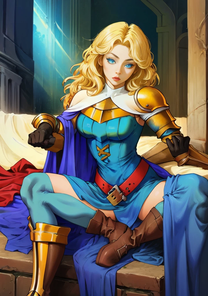(masterpiece, best quality), 1girl, KnightFFT, long hair, blonde hair, blue eyes, cape, armor, blue dress, belt, gloves, boots