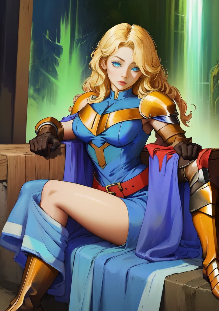(masterpiece, best quality), 1girl, KnightFFT, long hair, blonde hair, blue eyes, cape, armor, blue dress, belt, gloves, boots
