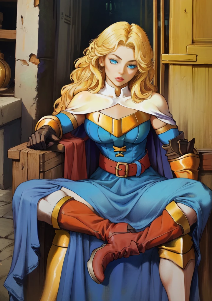 (masterpiece, best quality), 1girl, KnightFFT, long hair, blonde hair, blue eyes, cape, armor, blue dress, belt, gloves, boots