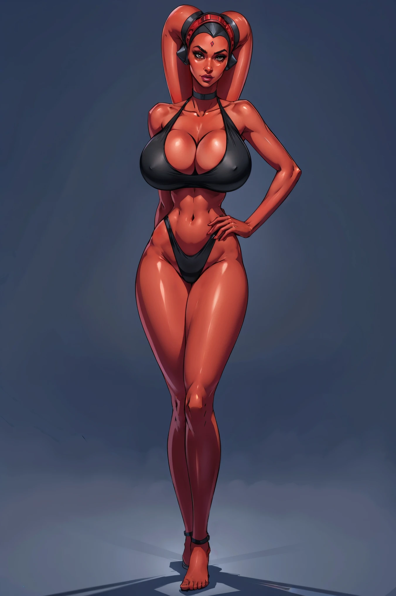 Tall, (thin), Red Skin Twi'lek with (gigantic breasts) wearing black underwear, choker, gigantic breasts, cleavage, tall, graceful, (tall), slim hips, small waist, full-body shot