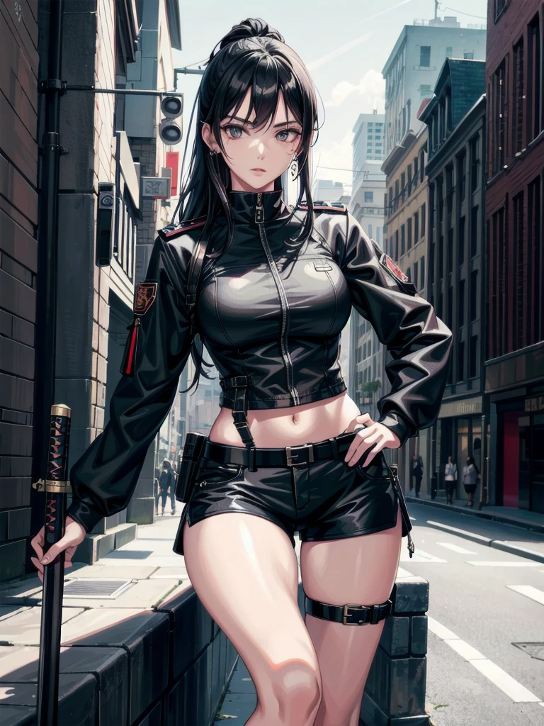 whole body, katana, Black military uniform, urban backdrop, Ladies' military vests, shorts, midriff, absurdres, RAW photo, extremely delicate and beautiful, masterpiece, Best Quality, ultra high resolution, 32k, hyperrealistic, ultra-detailed, detailed beautiful face and eyes, tearful mole, earring, short medium hair, wavy hair,