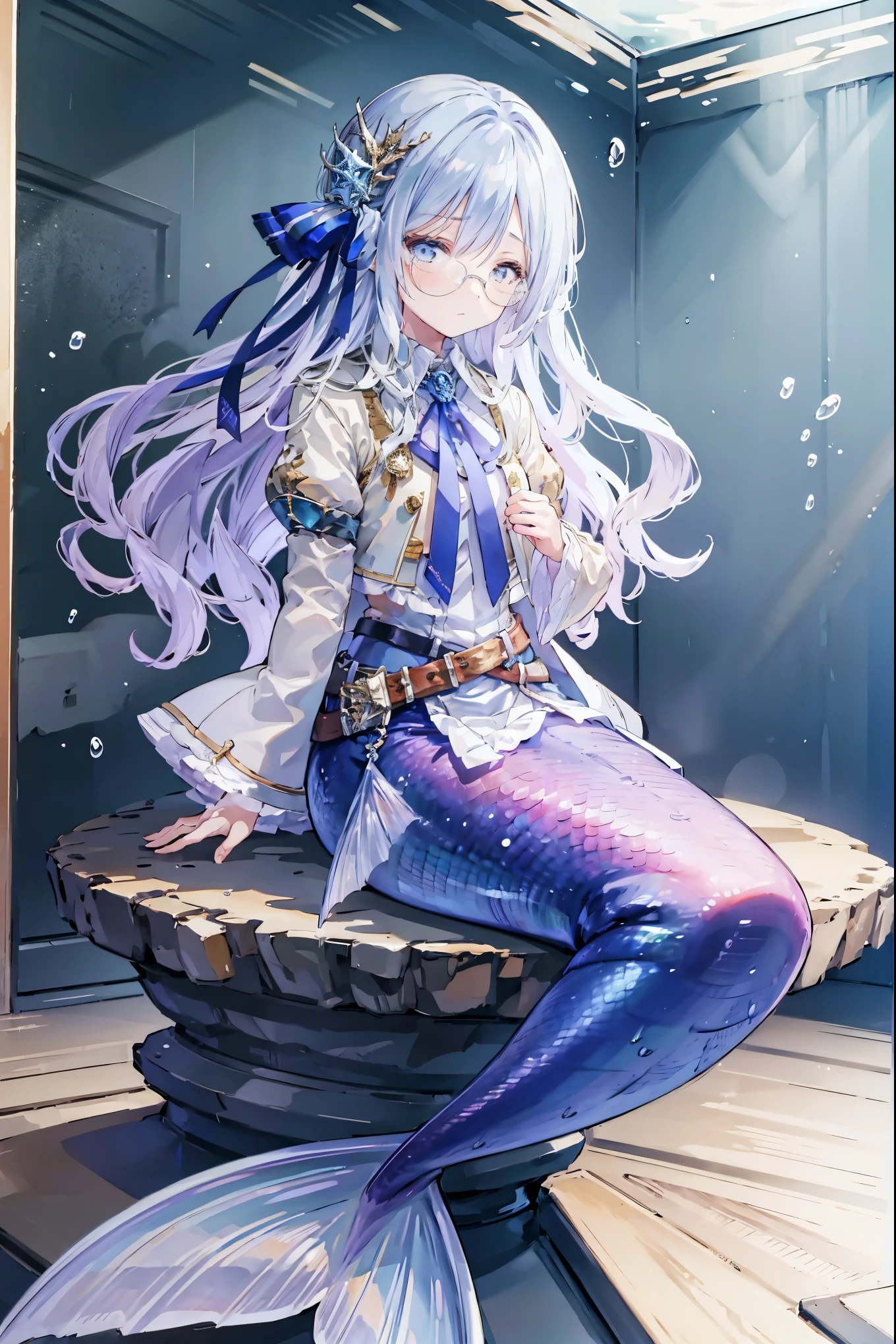 masterpiece, best quality,A girl,amlls,Long hair,dress,Long sleeve,ribbon,belt,Glasses,Mermaid,Blue Mermaid Tail,full-body shot,Sitting,Underwater,seabed