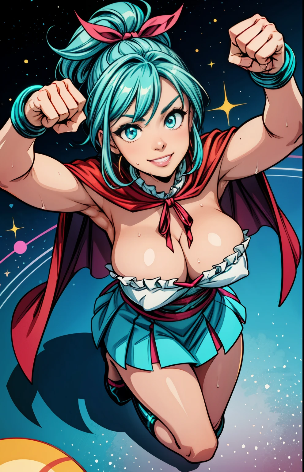 Royal pink and aqua blue hair, smiling young girl, Digital Painting, super hero, muscle girl, pose, fist up, arm up, ((from above)), 1knee up, Behance Contest Winner, Afrofuturism, Synthwave, neon, glowing neon, sagging massive breasts, mini skirt with frill, cape, ribbon, sweat, glossy silky skin, ((smile)), thick waist, cosmic sparkling in space, frying, in dynamic パースペクティブ、
