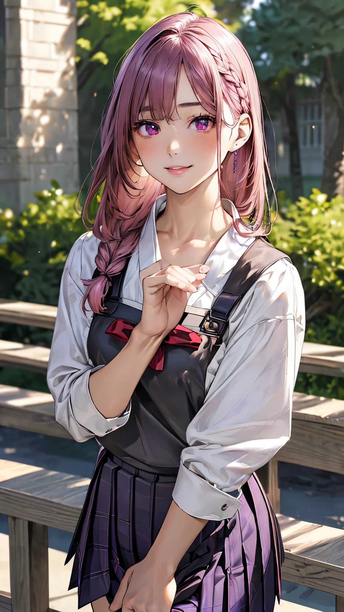 (masterpiece:1.3, top-quality, ultra high res, ultra detailed), (realistic, photorealistic:1.4), beautiful illustration, perfect lighting, natural lighting, colorful, depth of fields, surrealism
beautiful detailed hair, beautiful detailed face, beautiful detailed eyes, beautiful clavicle, beautiful body, beautiful chest, beautiful thigh, beautiful legs, beautiful fingers,
looking at viewer, (face focus, upper body), 1 girl, japanese, high school girl, cute and symmetrical face, babyface, shiny skin, slender, outstanding style,
(perfect anatomy, anatomically correct, super detailed skin), perfect face, perfect eyes, perfect hands, perfect fingers, ((five fingers)),
(long hair, straight hair:1.2, long sidelocks, pink hair), braided bangs, maroon eyes, big eyes, long eyelashes, (medium breasts, seductive thighs),
(detailed cloth texture, break, collared white shirt, break, light gray pleated skirt, break, (purple apron)),
(beautiful scenery), (dining room), standing, hands between legs, (lovely smile, parted lips), graceful,