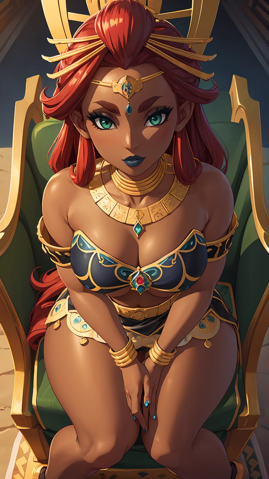 ((high detailed, best quality, 4k, masterpiece, hd:1.3)), ((best quality)), (((HD))), (((8k))), (ultraDH), (ultra HD), green eyes, BREAK green eyes, seductive, attractive, smooth anime cg art, 36C , long legs, vivid colors, slim body, perfect skin, red hair, long hair, light hair, red hair, BREAK crown, cleavagleavage, lookiewer, BREAK looking at viewer, extremely detailed face, earrings, gem, dark blue makeup lips, dark gothic eyeshadows, dark eyeshadows, white eyeshadows, blue sexy lips, dark lips, v dark lips, (perfect hands, perfect anatomy), light makeup, blue medium lips, blue thick lips, detailed fingers, five fingers per hand, 5 fingers, (1 girl), detailed lips, detailed blue lips, blue painted lips, gothic painted lips, (breast focus), (arms outst:1.2), (from above:1.1), (breasts out:1.3), (off shoulder:((desert))), full body, sitting on a throne