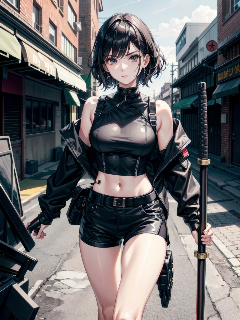 whole body, katana, Black military uniform, urban backdrop, Ladies' military vests, shorts, midriff, absurdres, RAW photo, extremely delicate and beautiful, masterpiece, Best Quality, ultra high resolution, 32k, hyperrealistic, ultra-detailed, tearful mole, earring, short medium hair, wavy hair,