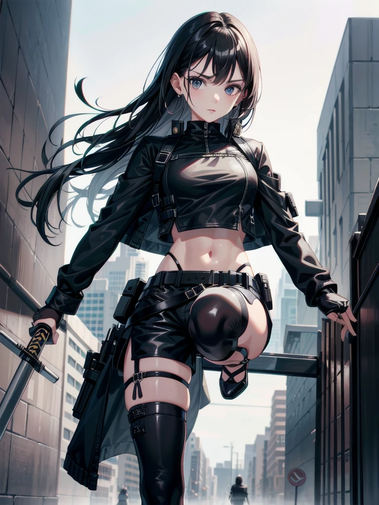 whole body, katana, Black military uniform, urban backdrop, Ladies' military vests, shorts, midriff, absurdres, RAW photo, extremely delicate and beautiful, masterpiece, Best Quality, ultra high resolution, 32k, hyperrealistic, ultra-detailed, tearful mole, earring, short medium hair, wavy hair,