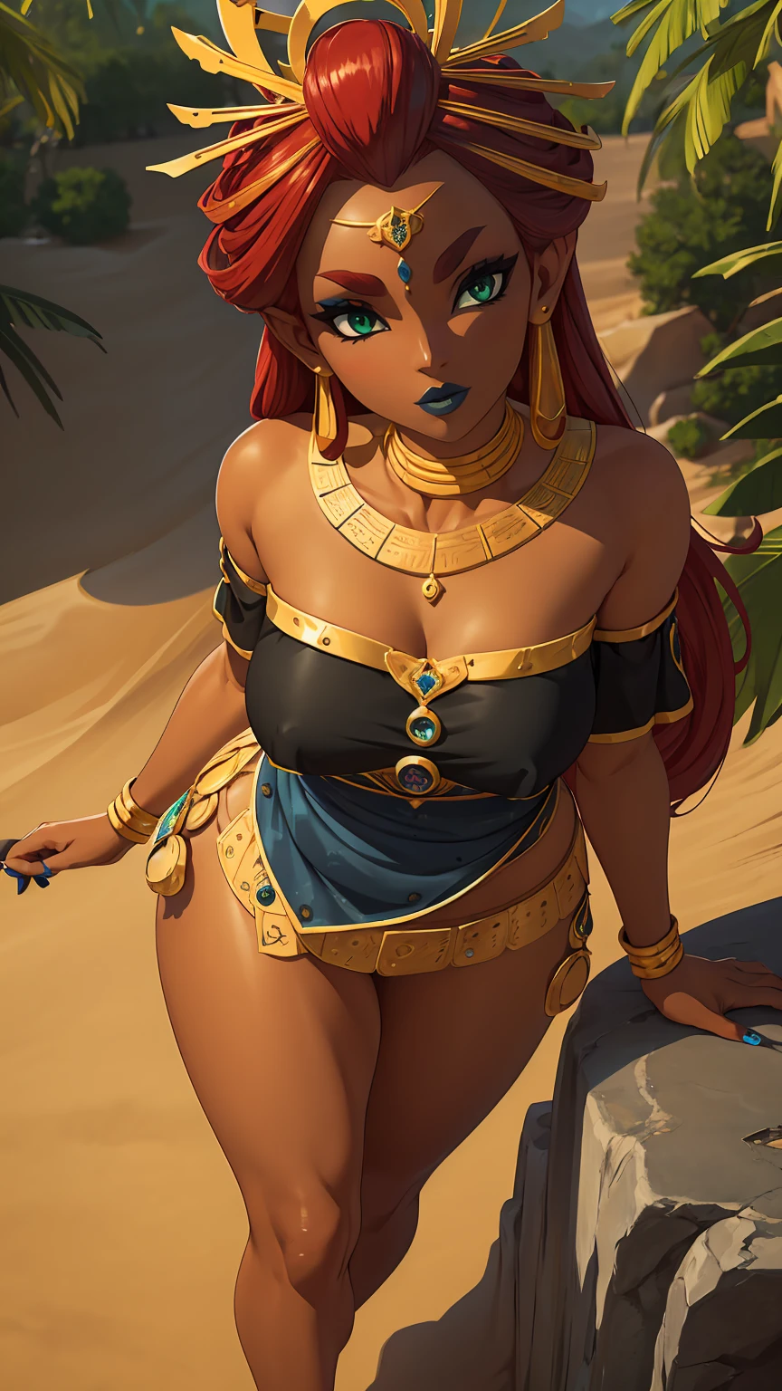 ((high detailed, best quality, 4k, masterpiece, hd:1.3)), ((best quality)), (((HD))), (((8k))), (ultraDH), (ultra HD), green eyes, BREAK green eyes, seductive, attractive, smooth anime cg art, 36C breasts, long legs, vivid colors, slim body, perfect skin, red hair, long hair, light hair, red hair, BREAK crown, cleavage, 36C cleavage, looking at viewer, BREAK looking at viewer, extremely detailed face, earrings, gem, dark blue makeup lips, dark gothic eyeshadows, dark eyeshadows, white eyeshadows, blue sexy lips, dark lips, very dark lips, (perfect hands, perfect anatomy), light makeup, blue medium lips, blue thick lips, detailed fingers, five fingers per hand, 5 fingers, (1 girl), detailed lips, detailed blue lips, blue painted lips, gothic painted lips, (breast focus), (arms outstreched:1.2), (from above:1.1), (breasts out:1.3), (off shoulder:1.1), (((desert))), full body, walk for desert