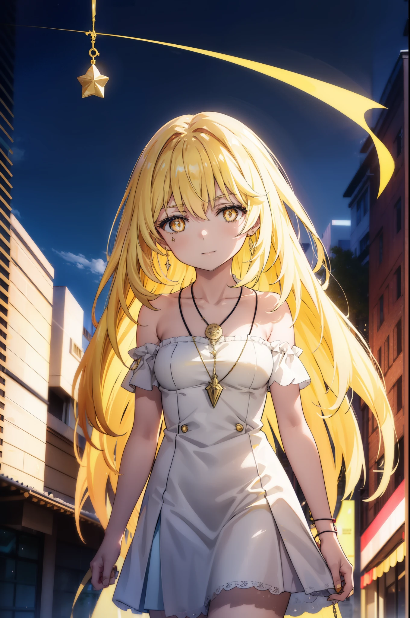 misakishokuhou, Misaki Shokuhou, Blonde, Hair between the eyes, Long Hair, (Symbol-shaped pupil:1.5), + +, (Yellow Eyes:1.5), (Medium chest:1.2),happy smile, smile, Open your mouth,Star Pendant,hair band,Yellow off-shoulder dress,Bare neck,Bare shoulders,bare clavicle,Bare arms,No sleeve,Yellow long skirt,Heeled Sandals,whole bodyがイラストに入るように,Clear skies,Daytime,True Summer,
break outdoor, Building district,
break looking at viewer, whole body,
break (masterpiece:1.2), highest quality, High resolution, unity 8k wallpaper, (figure:0.8), (Beautiful fine details:1.6), Highly detailed face, Perfect lighting, Highly detailed CG, (Perfect hands, Perfect Anatomy),