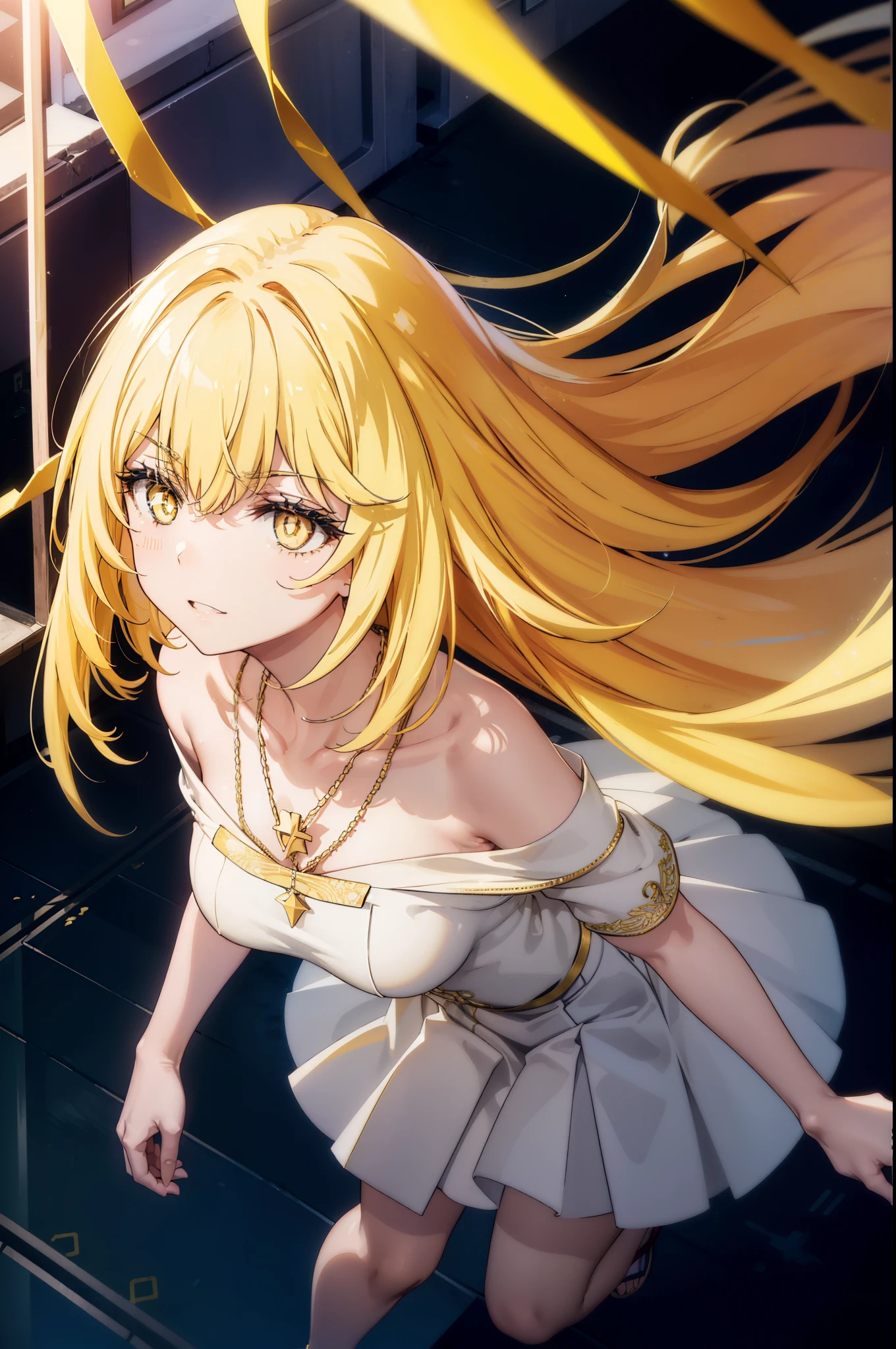 misakishokuhou, Misaki Shokuhou, Blonde, Hair between the eyes, Long Hair, (Symbol-shaped pupil:1.5), + +, (Yellow Eyes:1.5), (Medium chest:1.2),happy smile, smile, Open your mouth,Star Pendant,hair band,Yellow off-shoulder dress,Bare neck,Bare shoulders,bare clavicle,Bare arms,No sleeve,Yellow long skirt,Heeled Sandals,whole bodyがイラストに入るように,Clear skies,Daytime,True Summer,
break outdoor, Building district,
break looking at viewer, whole body,
break (masterpiece:1.2), highest quality, High resolution, unity 8k wallpaper, (figure:0.8), (Beautiful fine details:1.6), Highly detailed face, Perfect lighting, Highly detailed CG, (Perfect hands, Perfect Anatomy),