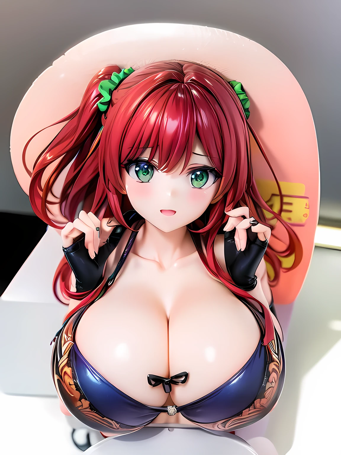 best quality, masterpiece, extremely detailed CG, official art , professional lighting, detailed background, sakimiyairuka, red hair, green eyes, one side up, medium hair, green scrunchie, hair ornament, gleaming skin, big breasts, micro bikini