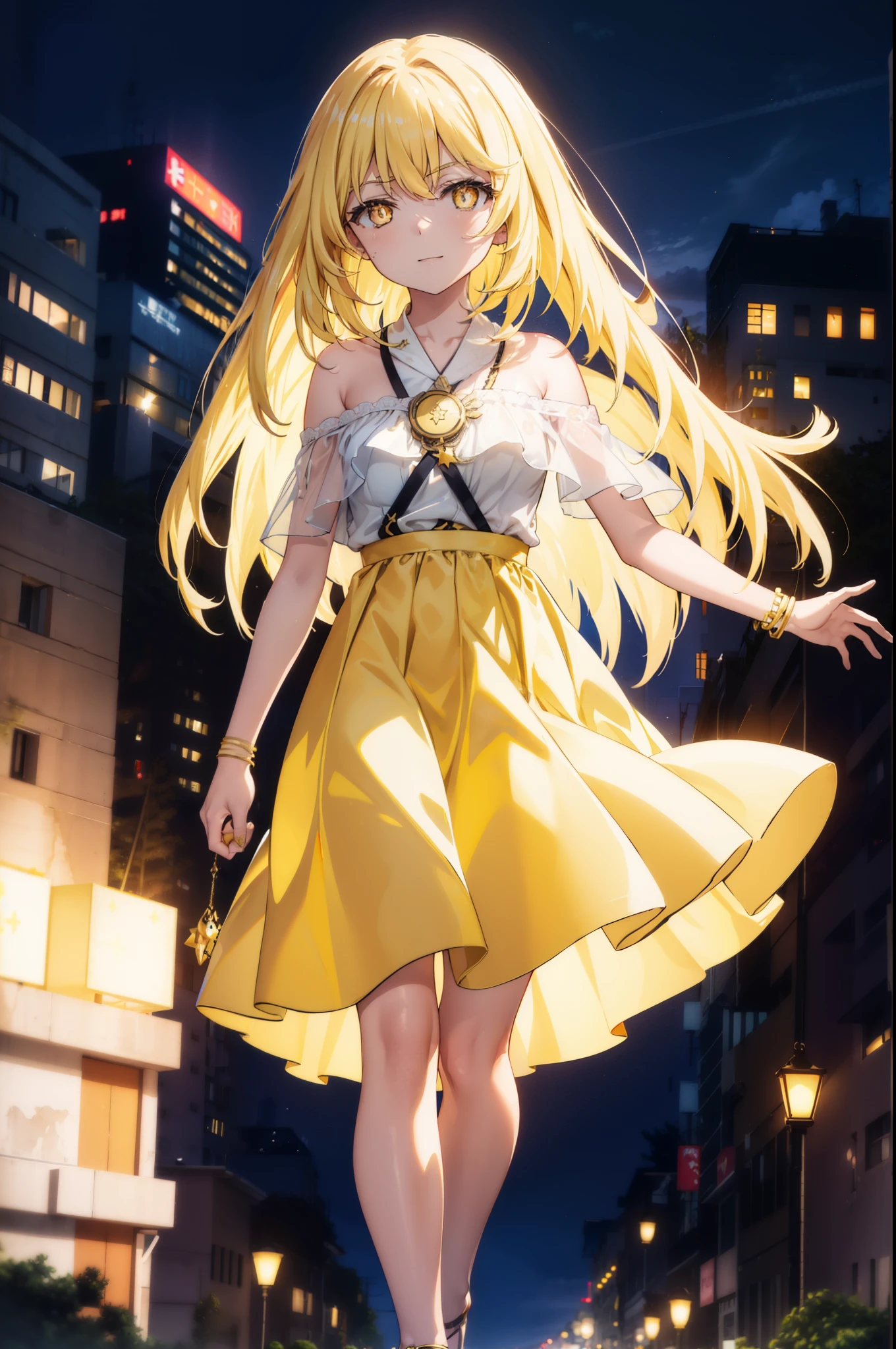 misakishokuhou, Misaki Shokuhou, Blonde, Hair between the eyes, Long Hair, (Symbol-shaped pupil:1.5), + +, (Yellow Eyes:1.5), (Medium chest:1.2),happy smile, smile, Open your mouth,Star Pendant,hair band,Yellow off-shoulder dress,Bare neck,Bare shoulders,bare clavicle,Bare arms,No sleeve,Yellow long skirt,Heeled Sandals,whole bodyがイラストに入るように,Clear skies,Daytime,True Summer,
break outdoor, Building district,
break looking at viewer, whole body,
break (masterpiece:1.2), highest quality, High resolution, unity 8k wallpaper, (figure:0.8), (Beautiful fine details:1.6), Highly detailed face, Perfect lighting, Highly detailed CG, (Perfect hands, Perfect Anatomy),