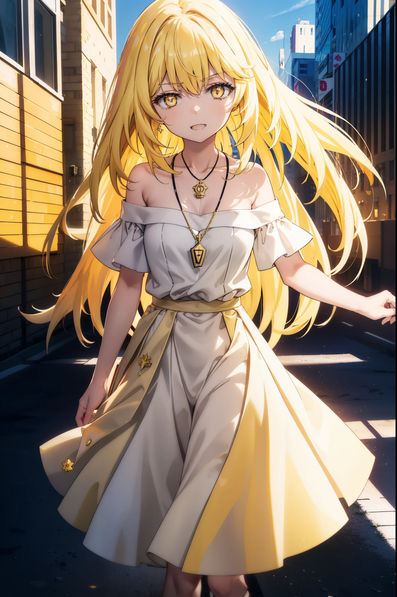 misakishokuhou, Misaki Shokuhou, Blonde, Hair between the eyes, Long Hair, (Symbol-shaped pupil:1.5), + +, (Yellow Eyes:1.5), (Medium chest:1.2),happy smile, smile, Open your mouth,Star Pendant,hair band,Yellow off-shoulder dress,Bare neck,Bare shoulders,bare clavicle,Bare arms,No sleeve,Yellow long skirt,Heeled Sandals,whole bodyがイラストに入るように,Clear skies,Daytime,True Summer,
break outdoor, Building district,
break looking at viewer, whole body,
break (masterpiece:1.2), highest quality, High resolution, unity 8k wallpaper, (figure:0.8), (Beautiful fine details:1.6), Highly detailed face, Perfect lighting, Highly detailed CG, (Perfect hands, Perfect Anatomy),