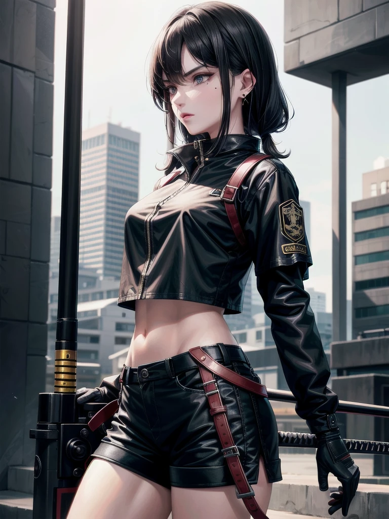 whole body, katana, Black military uniform, urban backdrop, Ladies' military vests, shorts, midriff, absurdres, RAW photo, extremely delicate and beautiful, masterpiece, Best Quality, ultra high resolution, 32k, hyperrealistic, ultra-detailed, tearful mole, earring, short medium hair, wavy hair,