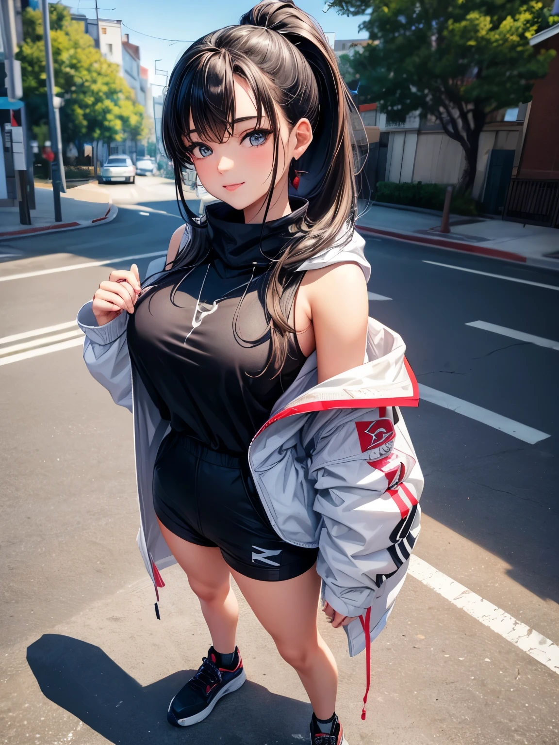 ((best quality)), ((masterpiece)), (detailed), perfect face,(18 years old),(beautiful girl), ponytail,(blackes Braun hair), cute smile (looking at vivers) on a streat road,( full body view),(detailed lips), perfect head ,(detailed face), wers a white hoodi black Stiles short pant that reaches nee, heads in hoodi pocket,(huge breasts),(perfect girl), Korean girl 