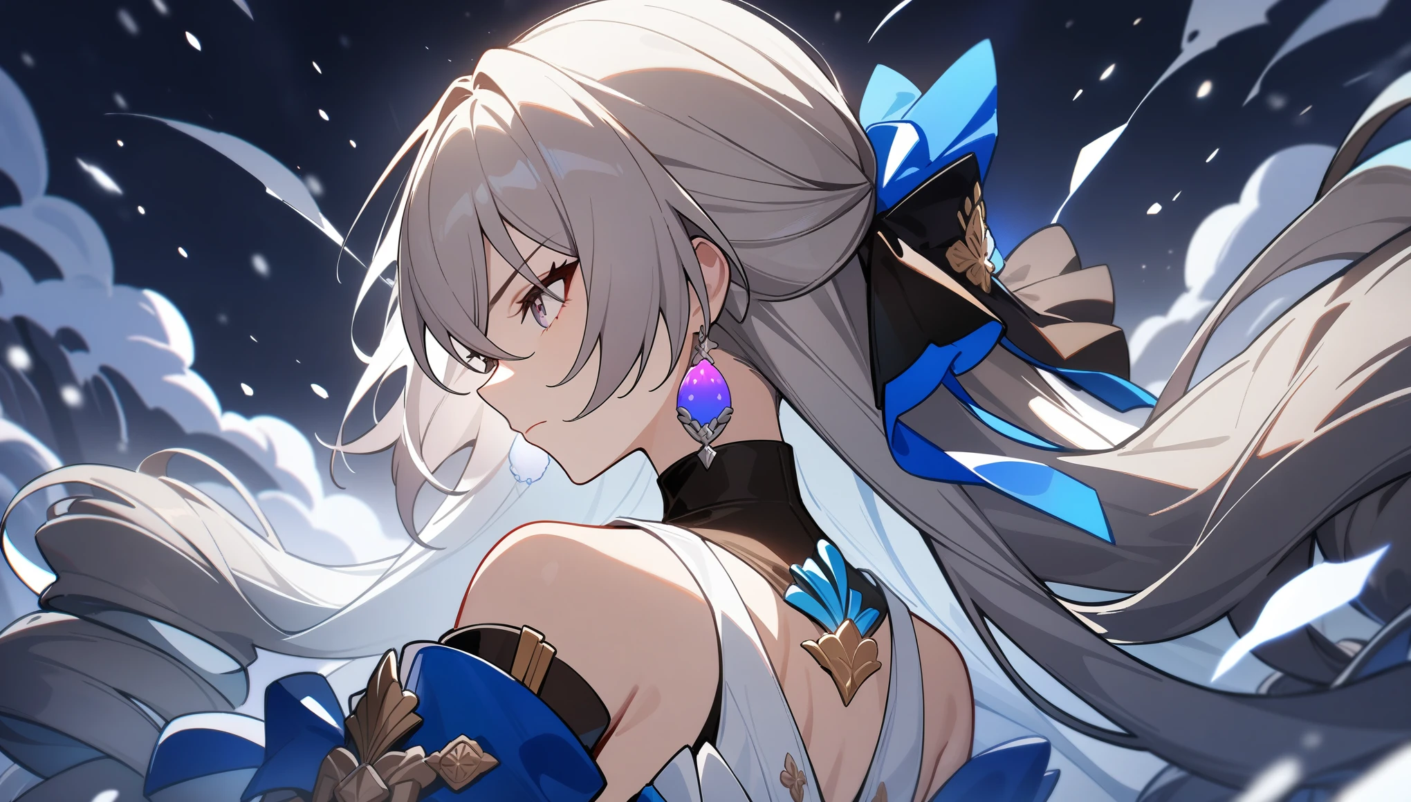 1girl, female focus, bronya, bronya rand, honkai star rail, masterpiece, best quality, close up, back turned, side profile, determined expression, blizzard, snowy background, absurdres, epic composition, centered, masterpiece, clean lineart, clean anime outlines, best quality, high quality, high details, super detail, anatomically correct, best quality, ultra-detailed, colorful, dynamic lighting, HD,