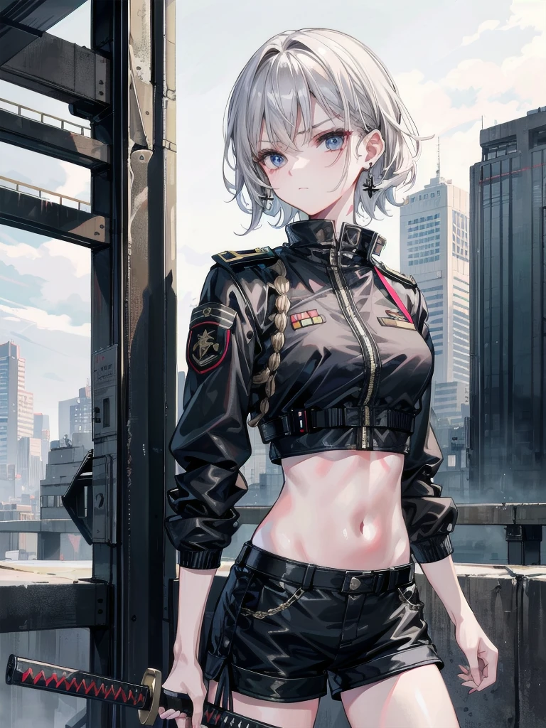 whole body, katana, Black military uniform, urban backdrop, Ladies' military vests, shorts, midriff, absurdres, RAW photo, extremely delicate and beautiful, masterpiece, Best Quality, ultra high resolution, 32k, hyperrealistic, ultra-detailed, tearful mole, earring, short medium hair, wavy hair,