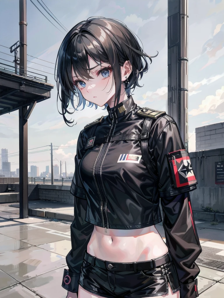 whole body, katana, Black military uniform, urban backdrop, Ladies' military vests, shorts, midriff, absurdres, RAW photo, extremely delicate and beautiful, masterpiece, Best Quality, ultra high resolution, 32k, hyperrealistic, ultra-detailed, tearful mole, earring, short medium hair, wavy hair,