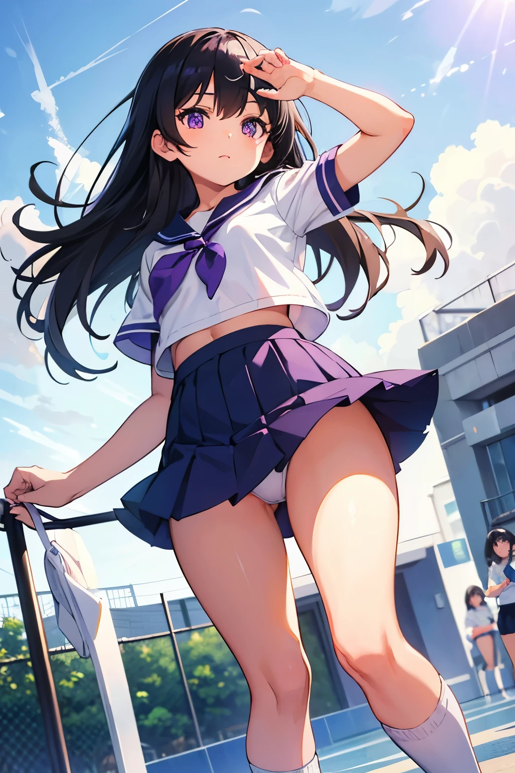 Elementary school girl 8-year-old Flat Chest Black Hair Long Hair Purple eyes 1 person white short sleeve sailor uniform Navy blue mini skirt White panties White socks sneakers School gym Are standing Having a volleyball Dynamic Angle Low Angle