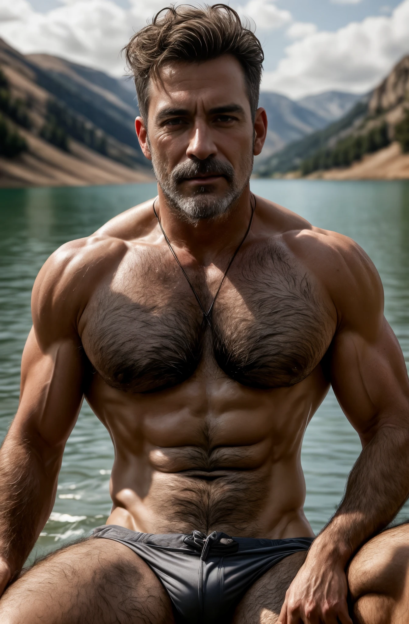 masterpiece, best quality, high resolution, closeup portrait, male focus, solo focus, A man, 50 years old, daddy, unbuttoned undone open clothes, visible bulge in oants, silver grey hair, messy hairstyle, cute and seductive face, bare chest, body hair, facial hair, roman nose, scruffy, hairy abs, skinny body, hairy legs, dimples, beard, bold jawline , attractive mature and fit man on a boat in lake, in the background a lake, view from below, amazing composition, front view, HDR, ultra quality, elegant, highly detailed