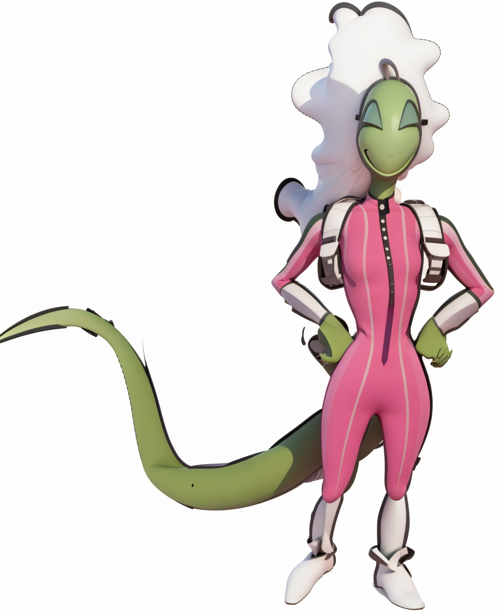 green alien, girl, white hair, close eyes, pink suit, white boots, backpack, long green tail, furry, 3d, render